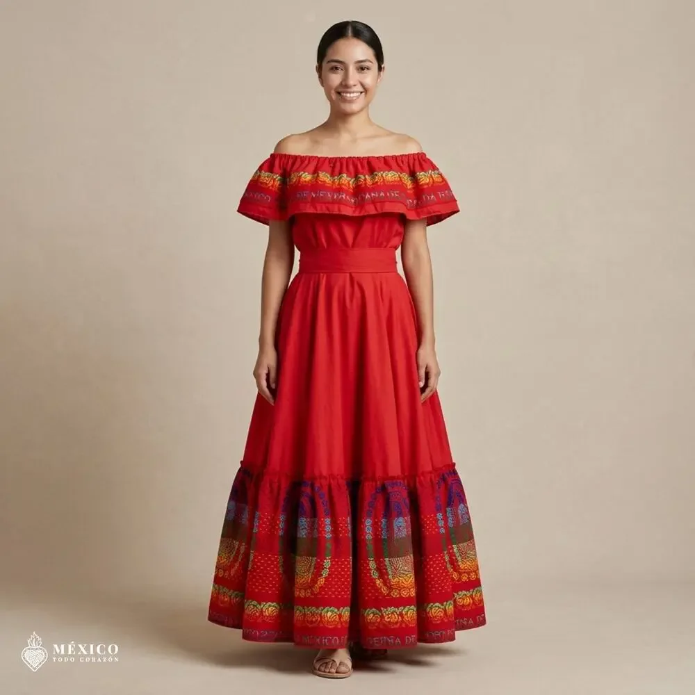 Traditional Mexican 3-Piece Cambaya Dress Set with Matching Rebozo Handmade